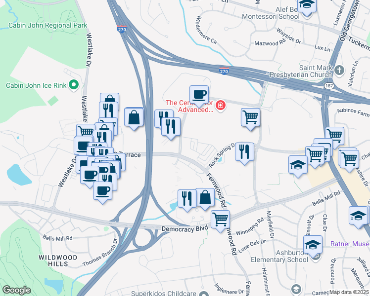 map of restaurants, bars, coffee shops, grocery stores, and more near 6930 Rockledge Drive in Bethesda