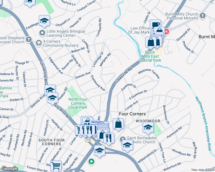 map of restaurants, bars, coffee shops, grocery stores, and more near 1 Kinsman View Circle in Silver Spring