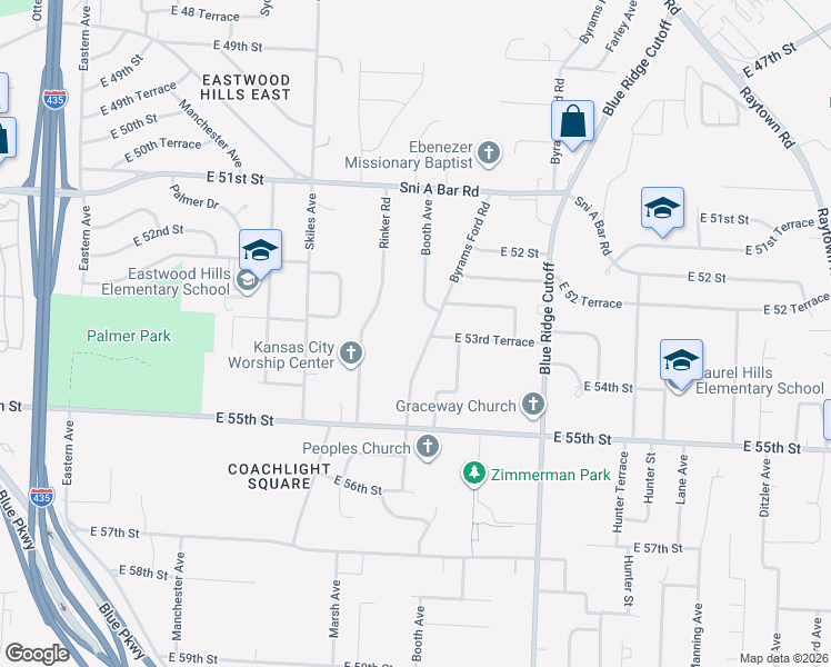 map of restaurants, bars, coffee shops, grocery stores, and more near 5316 Byrams Ford Road in Kansas City