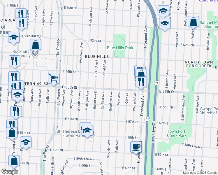 map of restaurants, bars, coffee shops, grocery stores, and more near 5438 Brooklyn Avenue in Kansas City