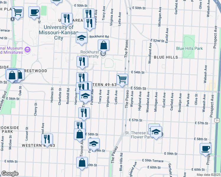 map of restaurants, bars, coffee shops, grocery stores, and more near 5502 Virginia Avenue in Kansas City