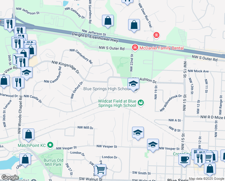 map of restaurants, bars, coffee shops, grocery stores, and more near 2321 Northwest Yorkshire Drive in Blue Springs