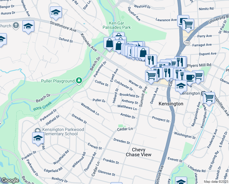 map of restaurants, bars, coffee shops, grocery stores, and more near 4301 Brookfield Drive in Kensington