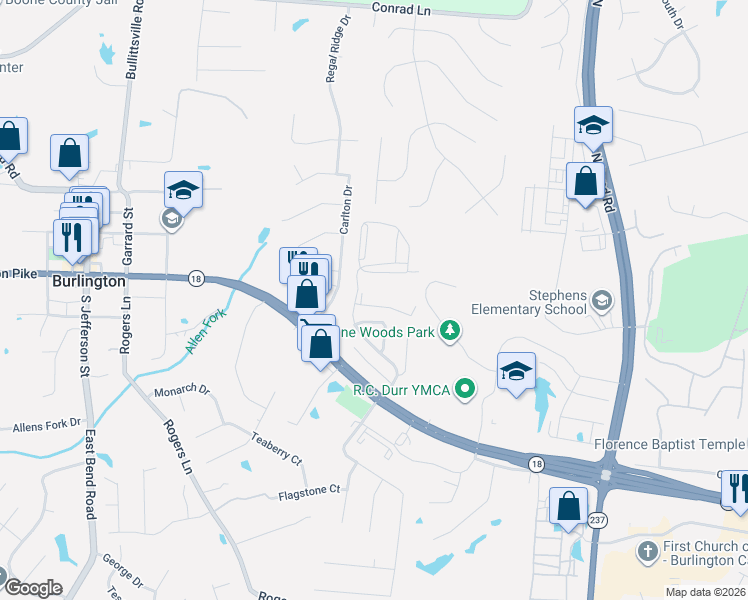 map of restaurants, bars, coffee shops, grocery stores, and more near 2300 Medlock Lane in Burlington