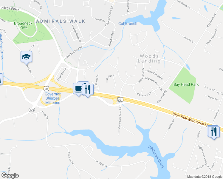 map of restaurants, bars, coffee shops, grocery stores, and more near 1654 Foolish Pleasure Court in Annapolis