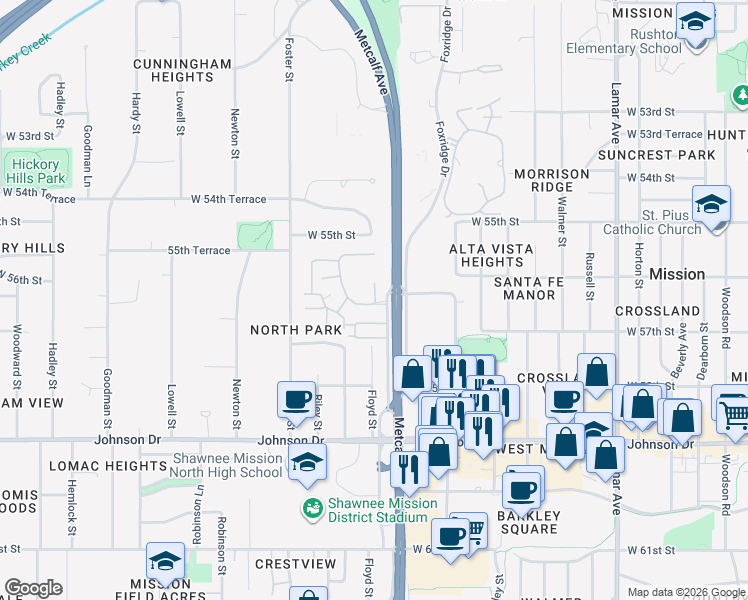 map of restaurants, bars, coffee shops, grocery stores, and more near 5603 Marty Street in Mission