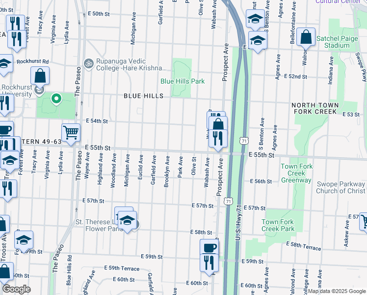 map of restaurants, bars, coffee shops, grocery stores, and more near 2300 East 55th Street in Kansas City