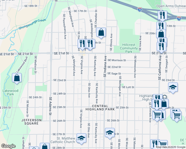 map of restaurants, bars, coffee shops, grocery stores, and more near 2233 SE Kentucky Ave in Topeka