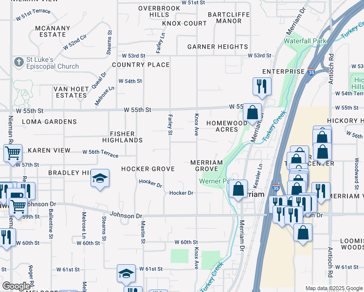 map of restaurants, bars, coffee shops, grocery stores, and more near 9801 West 56th Terrace in Shawnee