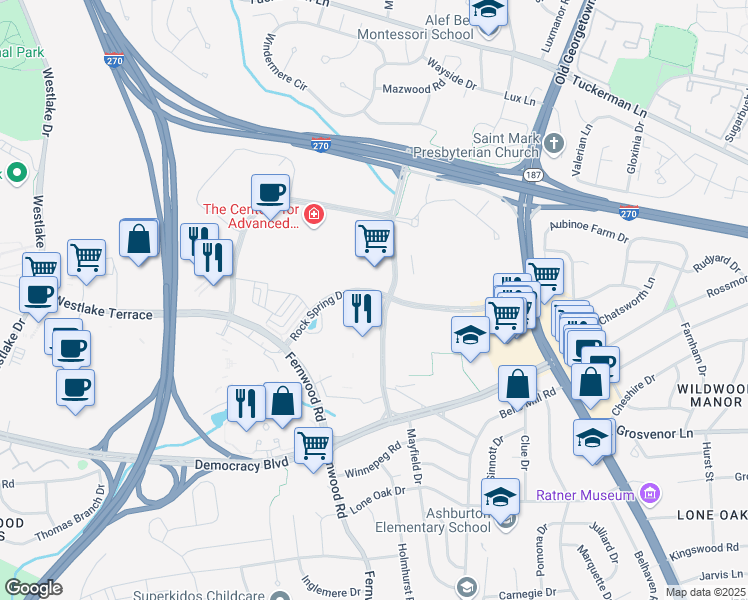 map of restaurants, bars, coffee shops, grocery stores, and more near 6500 Rock Spring Drive in Bethesda
