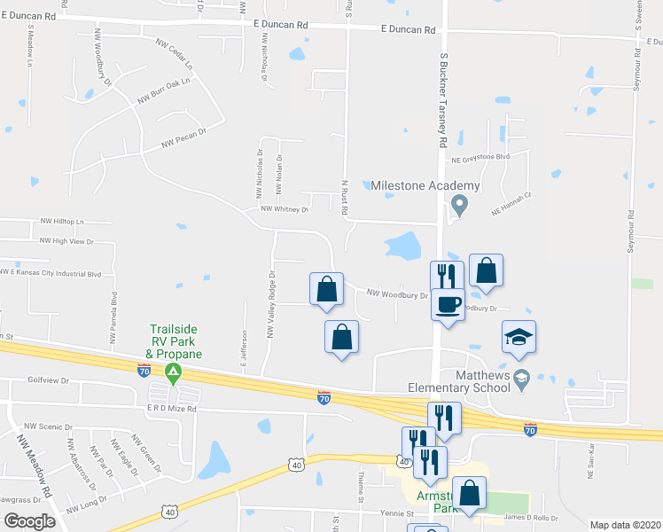 map of restaurants, bars, coffee shops, grocery stores, and more near 317 Woodbury Drive in Grain Valley