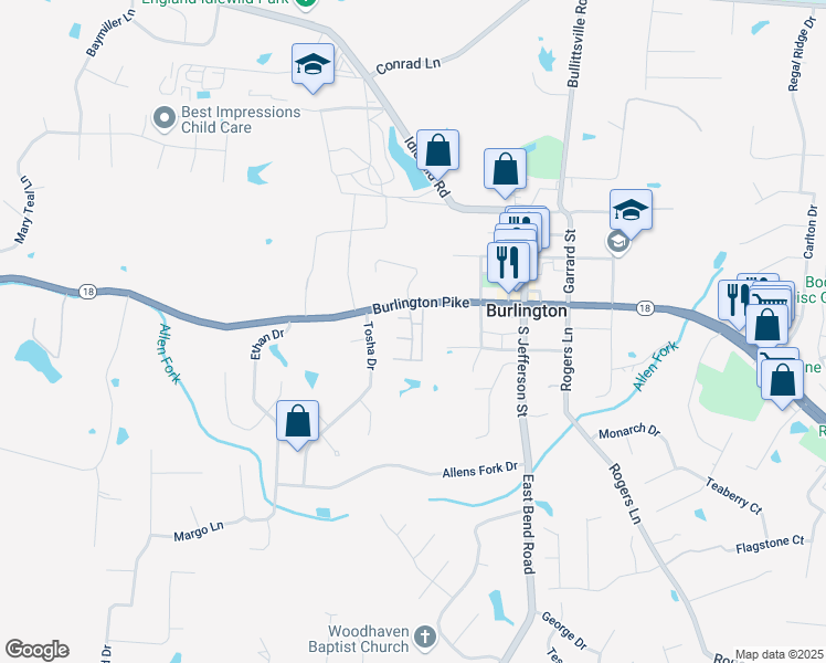 map of restaurants, bars, coffee shops, grocery stores, and more near South Pointe Drive in Burlington