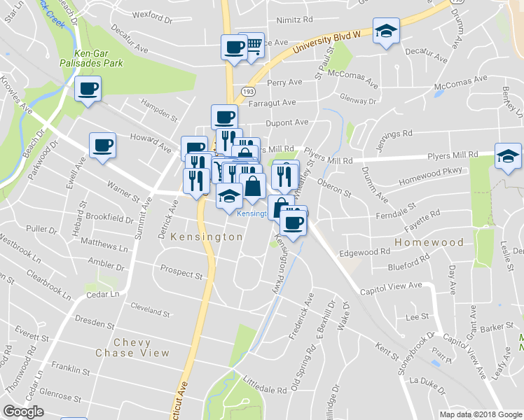 map of restaurants, bars, coffee shops, grocery stores, and more near 3730 Howard Ave in Kensington