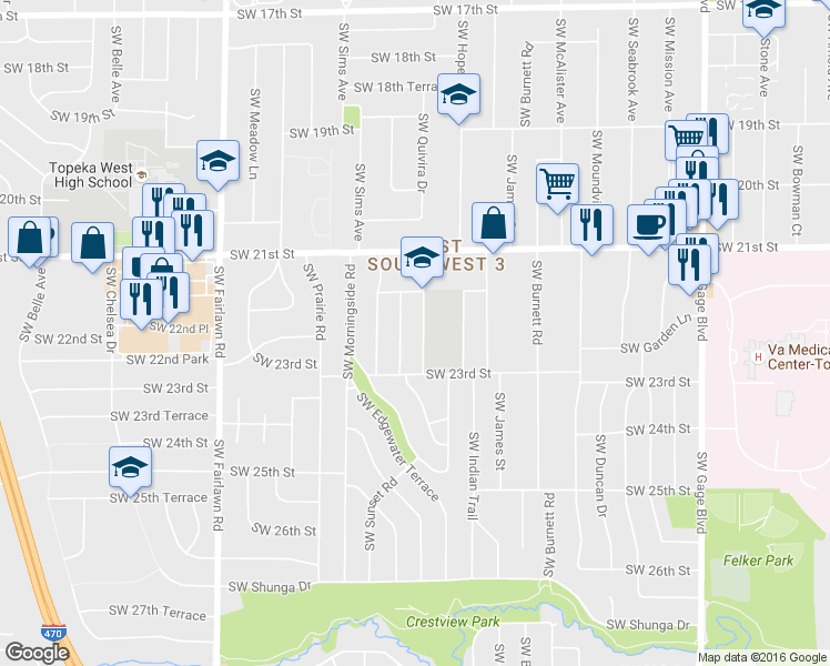 map of restaurants, bars, coffee shops, grocery stores, and more near 2225 Southwest Eveningside Drive in Topeka