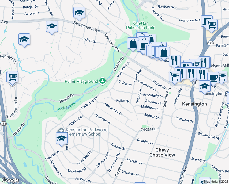 map of restaurants, bars, coffee shops, grocery stores, and more near 4420 Brookfield Drive in Kensington