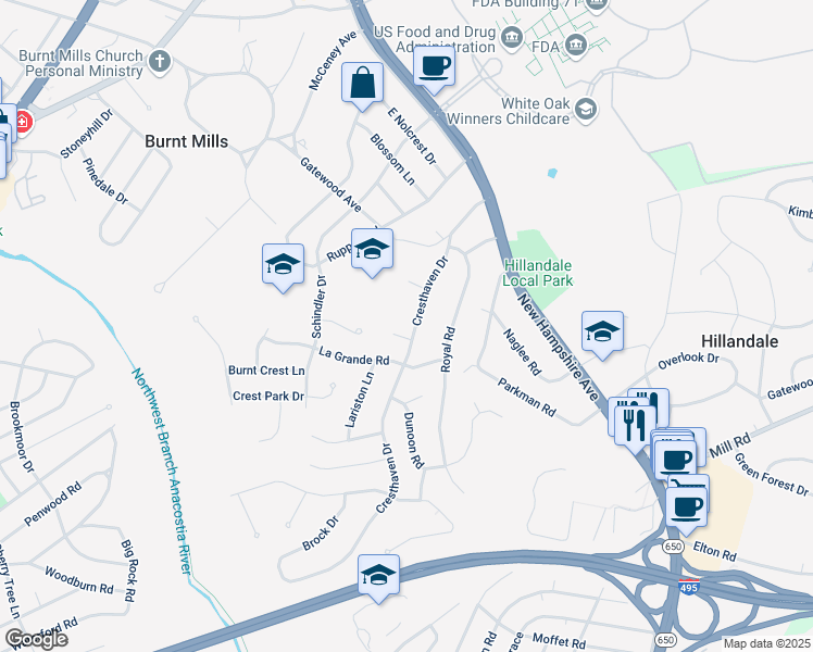 map of restaurants, bars, coffee shops, grocery stores, and more near 1226 Cresthaven Drive in Silver Spring