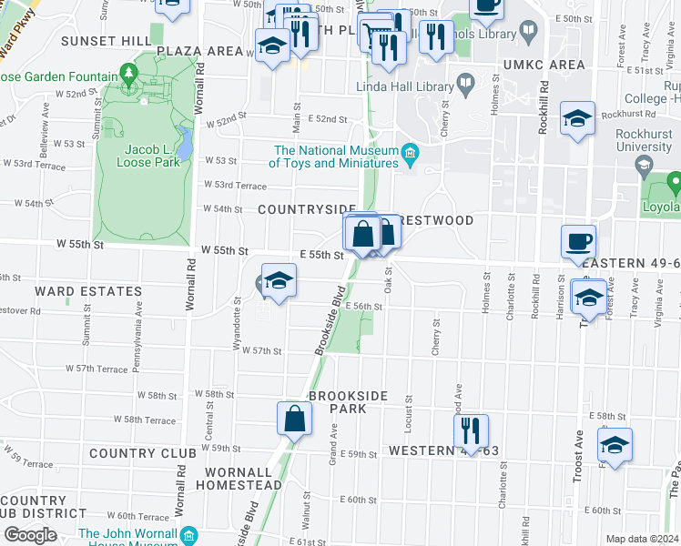 map of restaurants, bars, coffee shops, grocery stores, and more near 50 East 55 Terrace in Kansas City