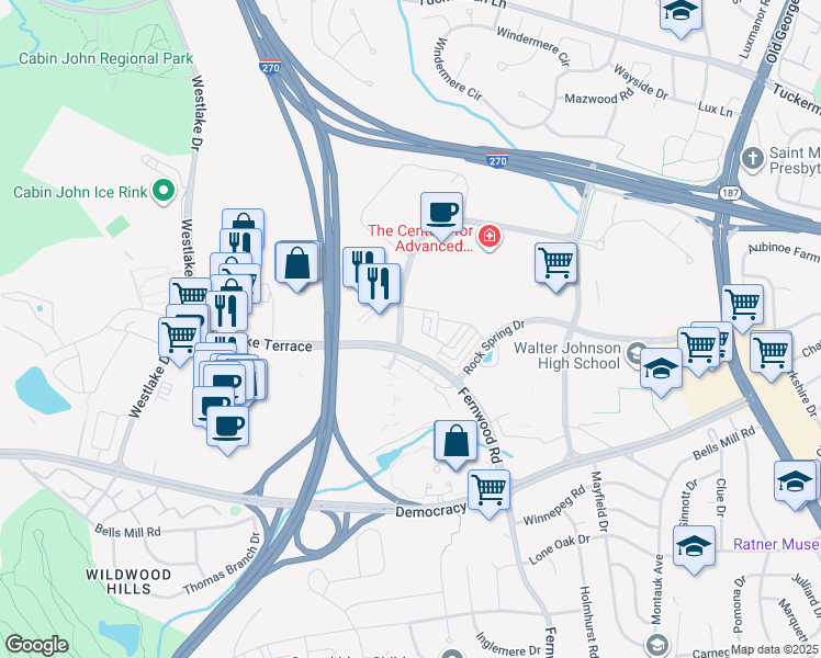 map of restaurants, bars, coffee shops, grocery stores, and more near 6928 Rockledge Drive in Bethesda