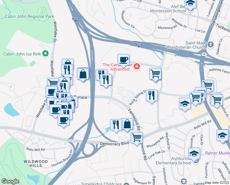 map of restaurants, bars, coffee shops, grocery stores, and more near 6928 Rockledge Drive in Bethesda
