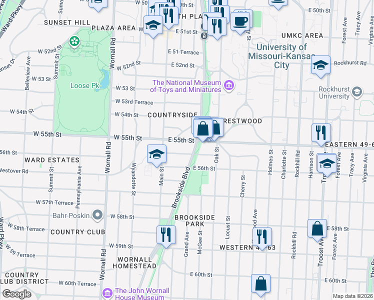 map of restaurants, bars, coffee shops, grocery stores, and more near 50 East 55 Terrace in Kansas City