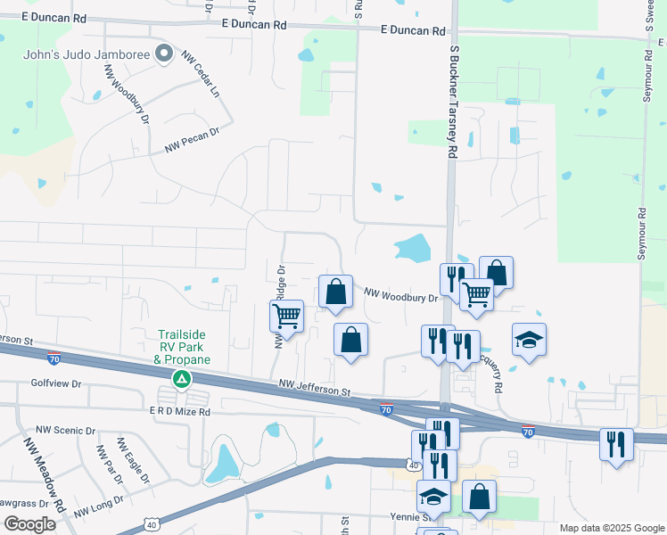 map of restaurants, bars, coffee shops, grocery stores, and more near 317 Northwest Woodbury Drive in Grain Valley