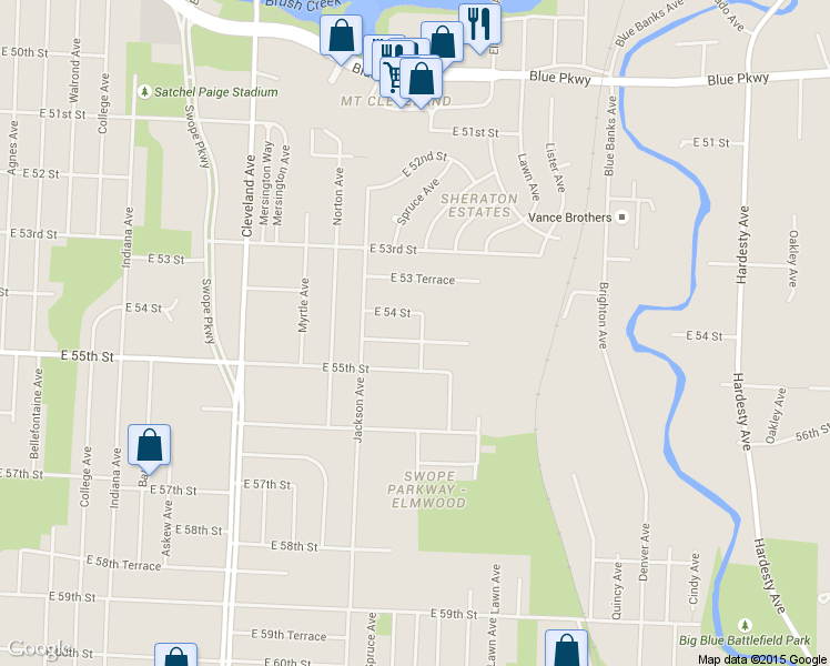 map of restaurants, bars, coffee shops, grocery stores, and more near 4242 East 54 Terrace in Kansas City