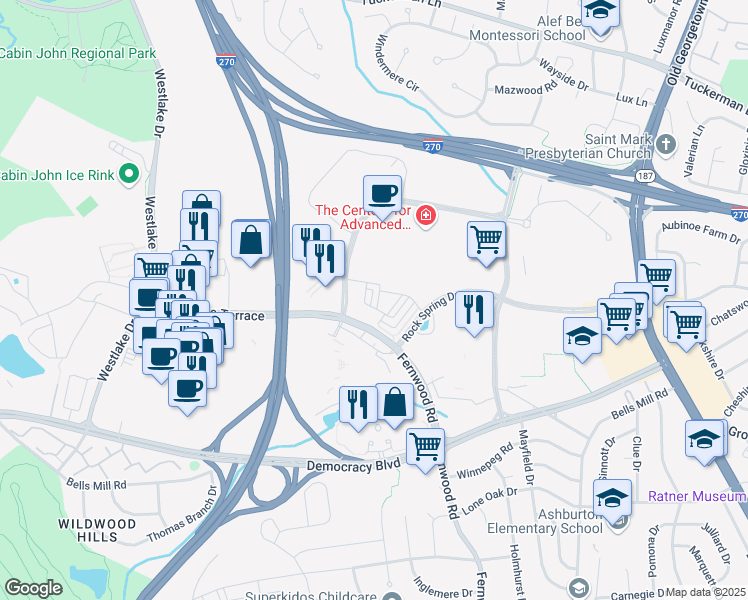 map of restaurants, bars, coffee shops, grocery stores, and more near 115 Heath Place in Bethesda