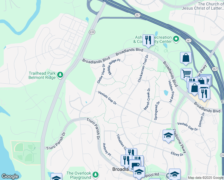 map of restaurants, bars, coffee shops, grocery stores, and more near 21331 Meadow Field Court in Ashburn