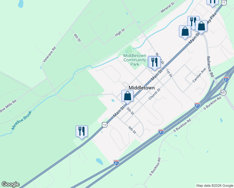 map of restaurants, bars, coffee shops, grocery stores, and more near 7995 Senseney Avenue in Middletown