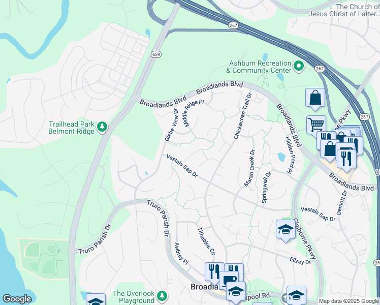 map of restaurants, bars, coffee shops, grocery stores, and more near 21331 Meadow Field Court in Ashburn