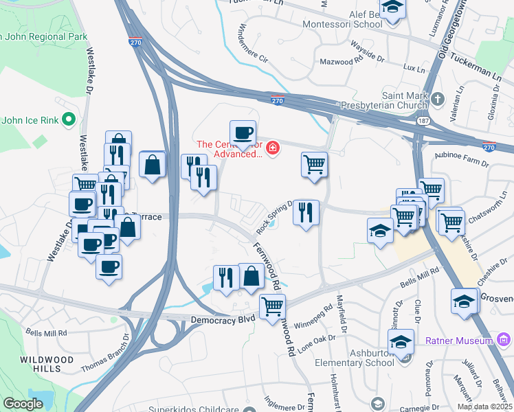 map of restaurants, bars, coffee shops, grocery stores, and more near 6605 Eames Way in Bethesda