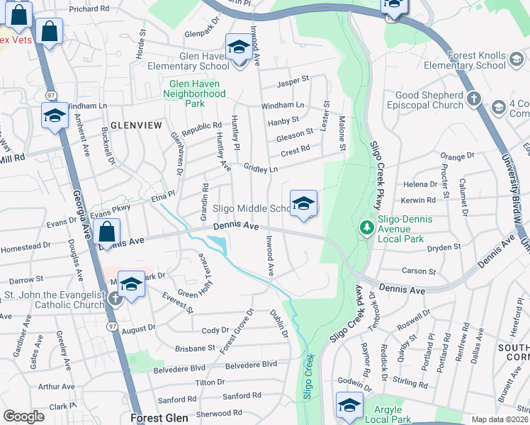 map of restaurants, bars, coffee shops, grocery stores, and more near 10408 Inwood Avenue in Silver Spring