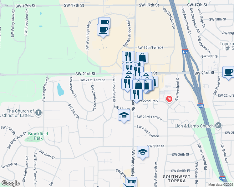 map of restaurants, bars, coffee shops, grocery stores, and more near 2202 SW Brookfield St in Topeka