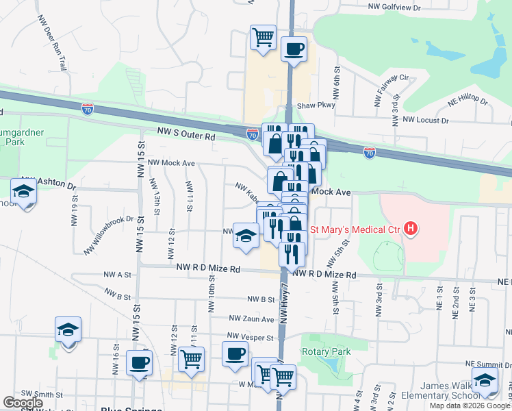 map of restaurants, bars, coffee shops, grocery stores, and more near 803 Northwest Kabel Street in Blue Springs