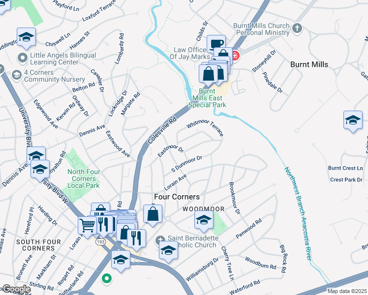 map of restaurants, bars, coffee shops, grocery stores, and more near 100 Eastmoor Drive in Silver Spring