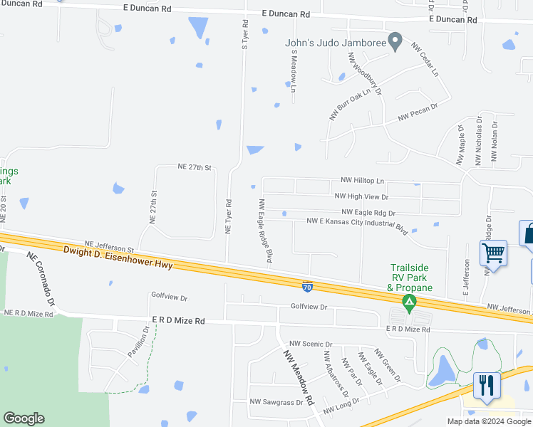 map of restaurants, bars, coffee shops, grocery stores, and more near 1617 NW Eagle Ridge Dr in Grain Valley