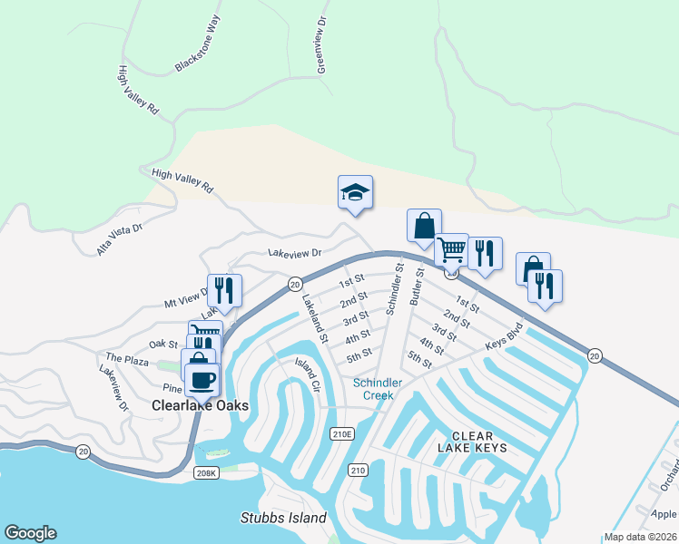 map of restaurants, bars, coffee shops, grocery stores, and more near 12897 State Highway 20 in Clearlake Oaks
