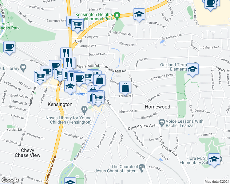 map of restaurants, bars, coffee shops, grocery stores, and more near 10417 Mannakee Street in Kensington