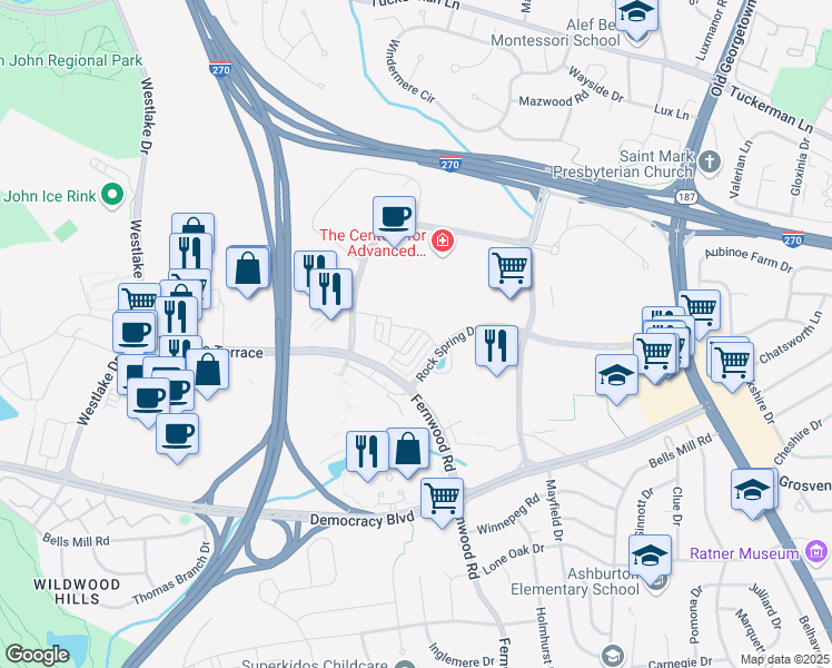 map of restaurants, bars, coffee shops, grocery stores, and more near 6605 Eames Way in Bethesda