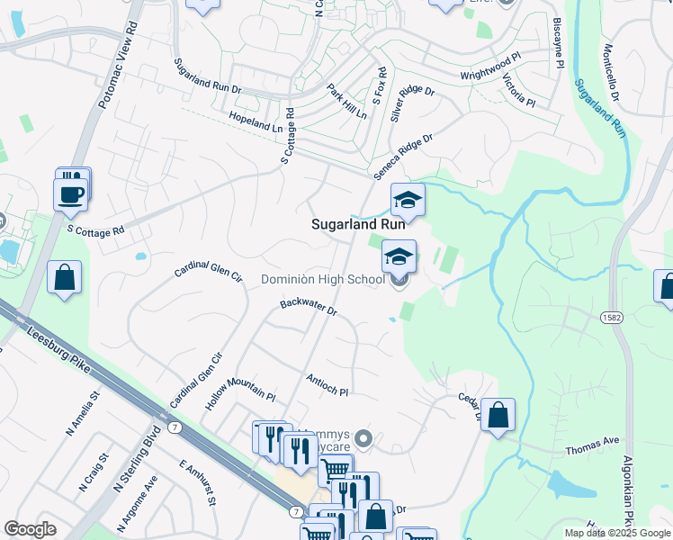 map of restaurants, bars, coffee shops, grocery stores, and more near 21248 Bullrush Place in Sterling