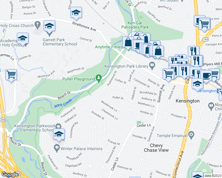 map of restaurants, bars, coffee shops, grocery stores, and more near 4420 Brookfield Drive in Kensington