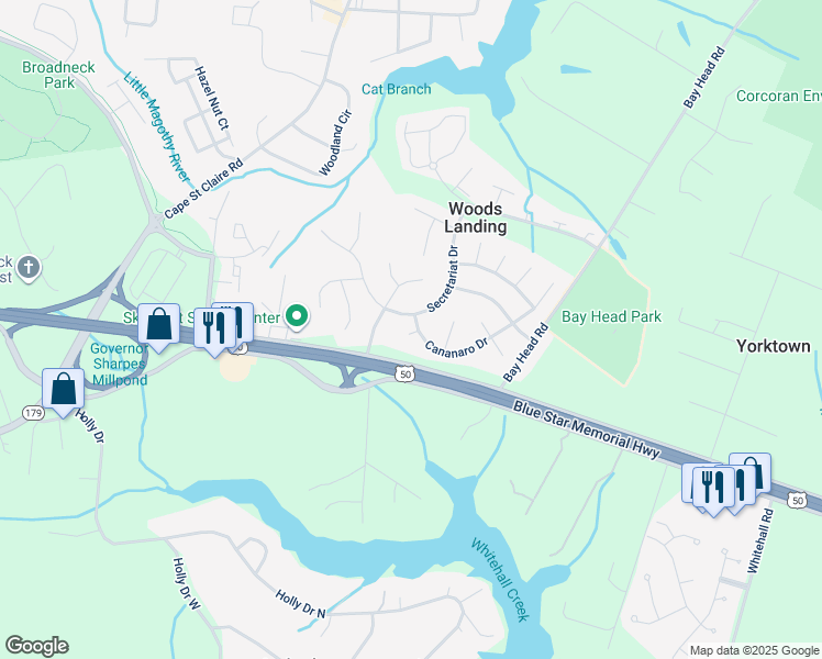 map of restaurants, bars, coffee shops, grocery stores, and more near 1629 Secretariat Drive in Annapolis