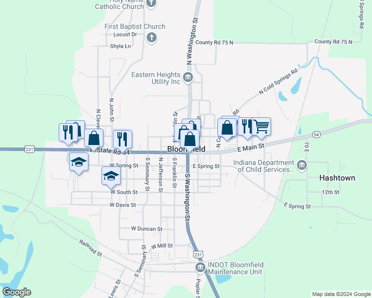 map of restaurants, bars, coffee shops, grocery stores, and more near in Bloomfield