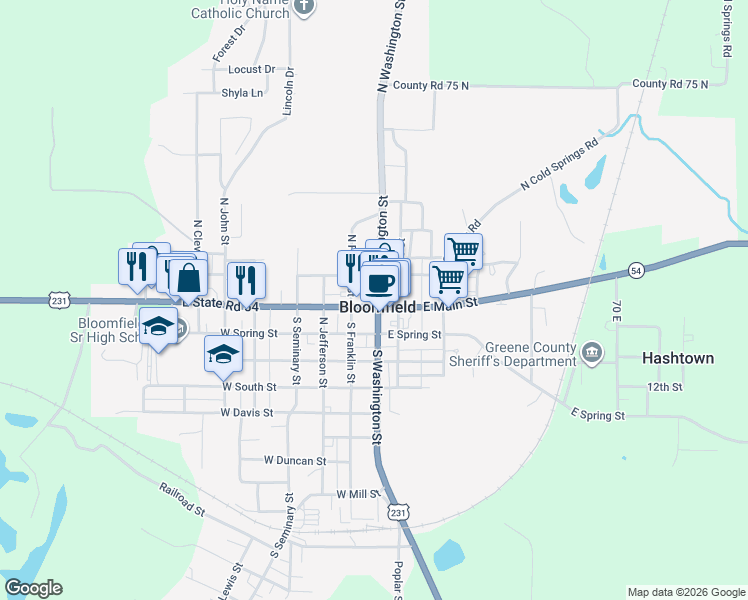 map of restaurants, bars, coffee shops, grocery stores, and more near in Bloomfield