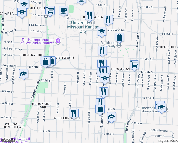 map of restaurants, bars, coffee shops, grocery stores, and more near 5504 Rockhill Road in Kansas City