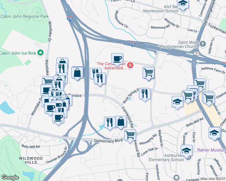 map of restaurants, bars, coffee shops, grocery stores, and more near 6731 Eames Way in Bethesda