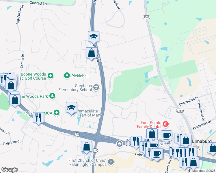 map of restaurants, bars, coffee shops, grocery stores, and more near 5603 Carolina Way in Burlington