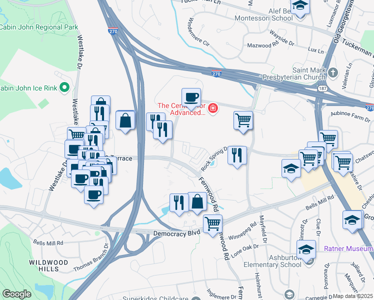 map of restaurants, bars, coffee shops, grocery stores, and more near 113 Heath Place in Bethesda