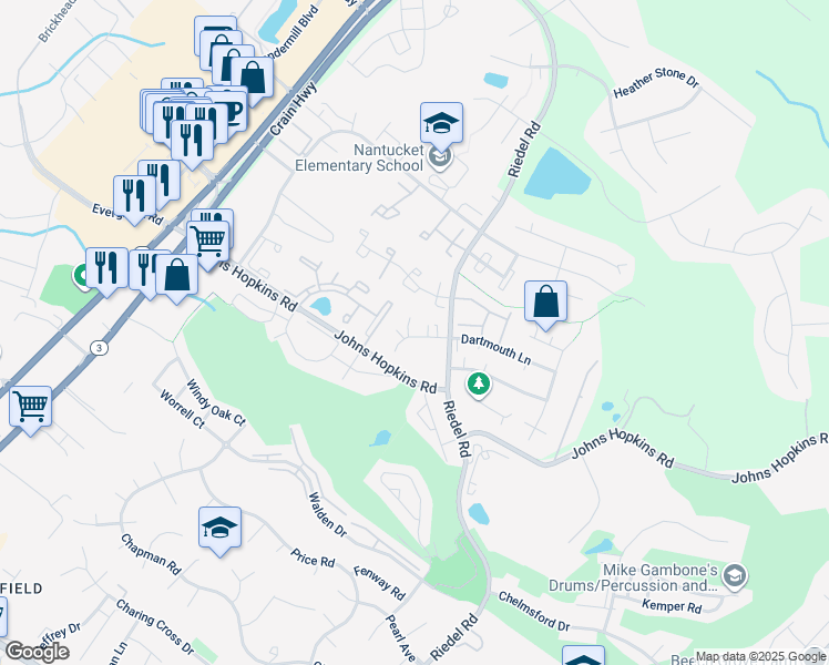 map of restaurants, bars, coffee shops, grocery stores, and more near 2420 Hyannis Lane in Crofton