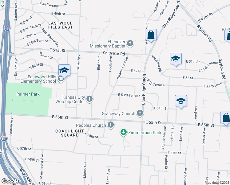 map of restaurants, bars, coffee shops, grocery stores, and more near 8604 East 53rd Terrace in Kansas City